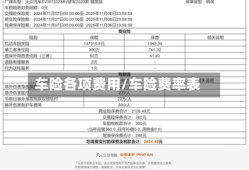 车险各项费用/车险费率表