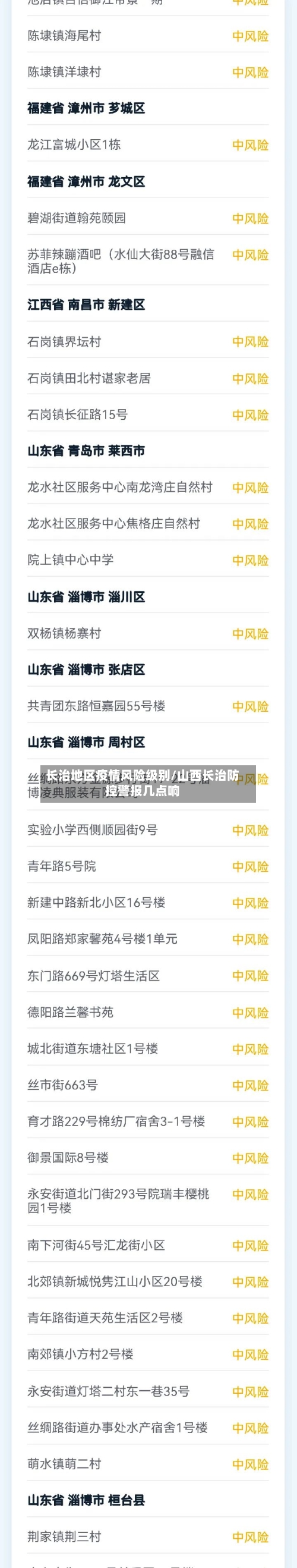 长治地区疫情风险级别/山西长治防控警报几点响